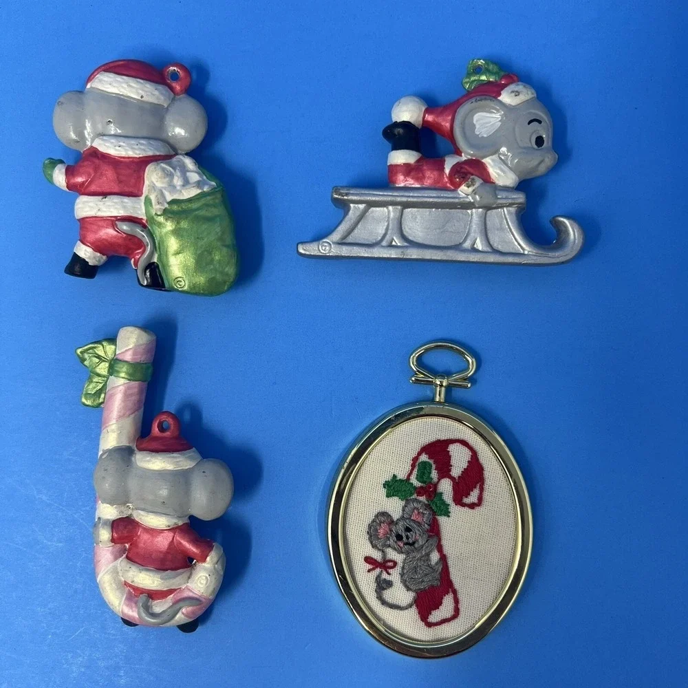 Vintage Christmas Mouse Mice Ceramic Ornaments Hand Painted Lot of 4 Collectible